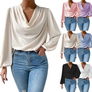 Wholesale 2025 Cross-Border Wish Amazon New European and American Chiffon Long-Sleeved Shirt Loose Drape V-Neck Top T-Shirt for Women
