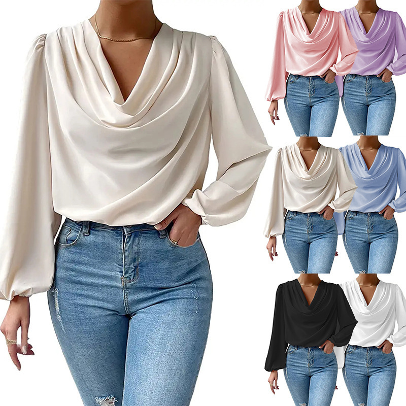 Wholesale 2025 Cross-Border Wish Amazon New European and American Chiffon Long-Sleeved Shirt Loose Drape V-Neck Top T-Shirt for Women