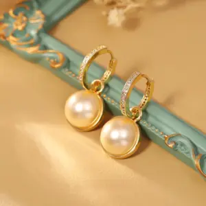 Wholesale Fashion Double-Sided Pearl Earrings For Women, Micro-Inlaid Zircon Tea Rose Design, Versatile Geometric Pattern, Gold-Plated 925 Sterling Silver Copper Dangle Earrings