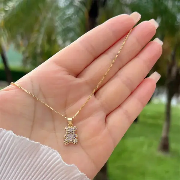 Wholesale Jewelry Simple Style Classic Style Little Bear Copper Zircon 18K Gold Plated Inlay Pendant Necklace