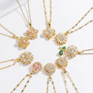Wholesale 18K Real Gold Plated 304 Stainless Steel PVD Coated Pearl Zircon Flower Inlay Cable Chain Pendant Necklace
