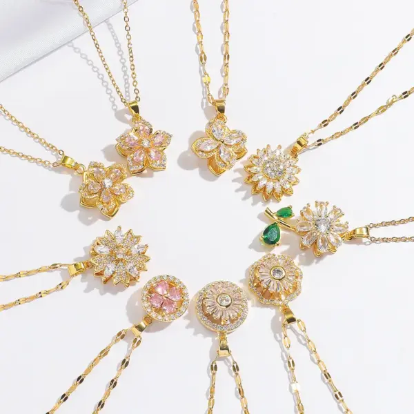 Wholesale 18K Real Gold Plated 304 Stainless Steel PVD Coated Pearl Zircon Flower Inlay Cable Chain Pendant Necklace