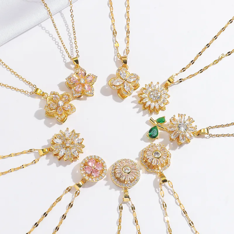 Wholesale 18K Real Gold Plated 304 Stainless Steel PVD Coated Pearl Zircon Flower Inlay Cable Chain Pendant Necklace