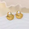 Wholesale Round Waterproof Non Tarnish Stud Earrings For Women In Copper With 18K Real Gold Plated PVD Coating And Artificial Pearl Inlay