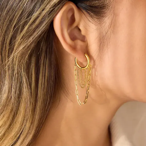 Wholesale Women's Classic Style 18K Gold Plated 304 Stainless Steel Vacuum Electroplated Geometric Color-Block Waterproof Non-Fading Asymmetric Chain Tassel Earrings Set