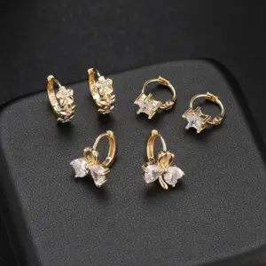 Wholesale Flowers Stud Earrings For Women With Copper Posts, Electroplated And 14K Real Gold Plated Featuring Zircon Inlay