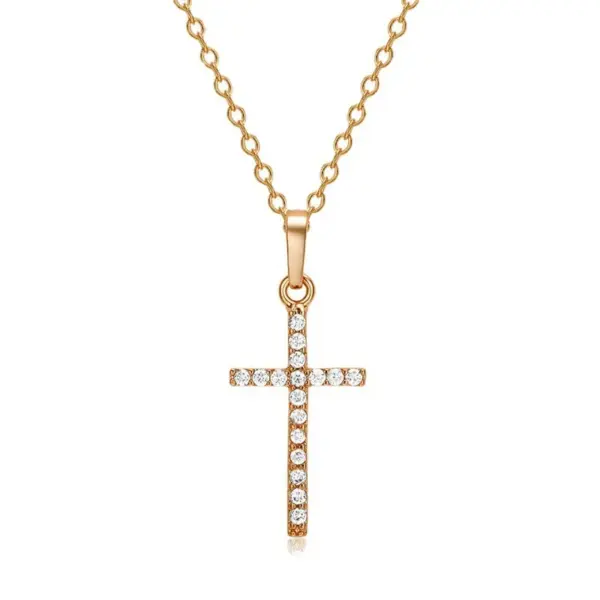 Wholesale Unisex Cross Pendant Necklace In Copper With Rhinestones, Electroplated Finish, Featuring A Durable Cable Chain