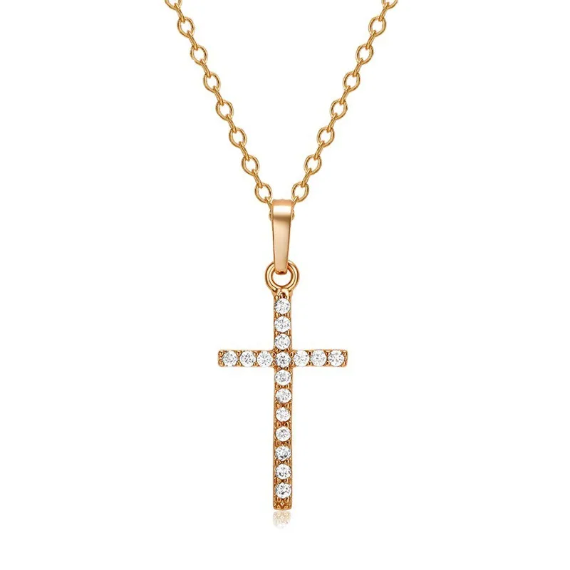 Wholesale Unisex Cross Pendant Necklace In Copper With Rhinestones, Electroplated Finish, Featuring A Durable Cable Chain