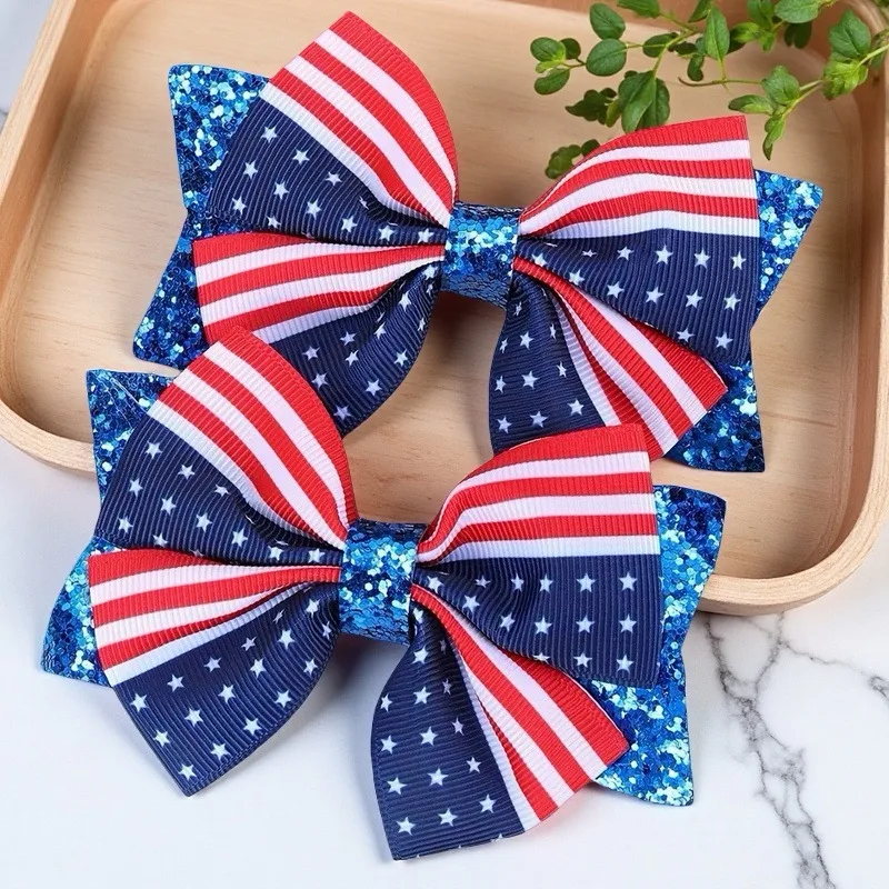 Wholesale Flagpole Bow Hair Clip Star Decoration Duckbill Clip Independence Day Hairpin Denim