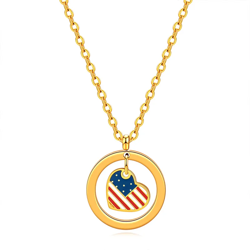 Wholesale Jewelry Ethnic Style Simple Style Heart Shape American Flag Titanium Steel Plating Pendant Necklace