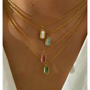 Wholesale 304 Stainless Steel Square Plate PVD Coated Natural Stone Real Gold Plated Simple Style Commute Waterproof Non Tarnish Surgical Steel Bamboo Necklace Lobster Trigger Clasp Closure Gold Pendant Necklace