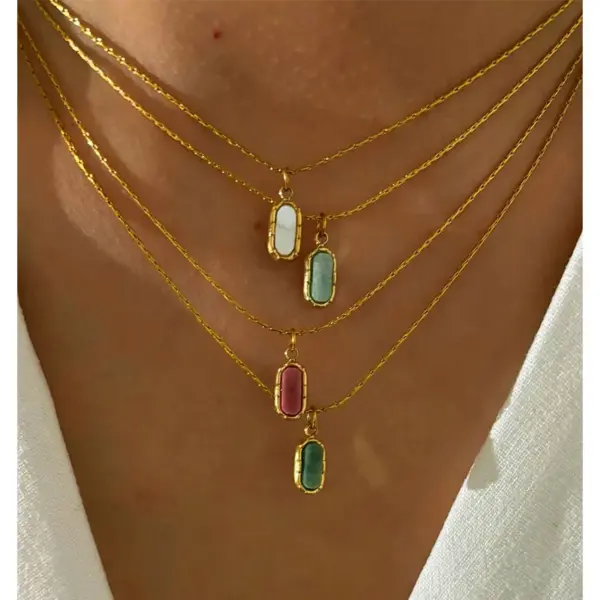 Wholesale 304 Stainless Steel Square Plate PVD Coated Natural Stone Real Gold Plated Simple Style Commute Waterproof Non Tarnish Surgical Steel Bamboo Necklace Lobster Trigger Clasp Closure Gold Pendant Necklace
