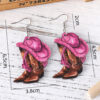 Wholesale Western Style Pink Denim Hat Cowboy Boots Pendant Earrings Women's Wooden Double-sided Earrings