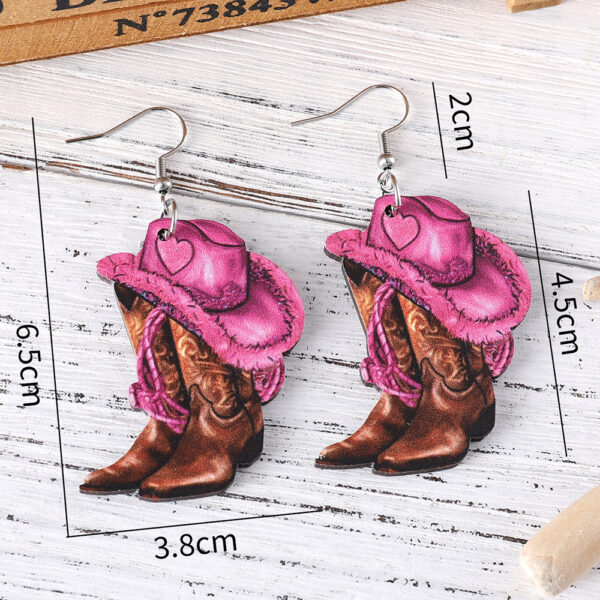 Wholesale Western Style Pink Denim Hat Cowboy Boots Pendant Earrings Women's Wooden Double-sided Earrings