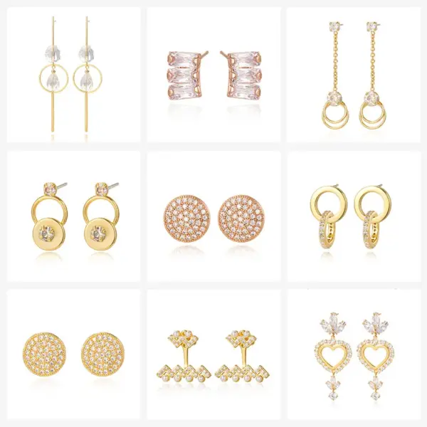 Wholesale Kengez Silver Needle Earrings Plated With Genuine Gold Copper Embedded Zircon Geometric Shape Versatile Luxury Fashion Jewelry