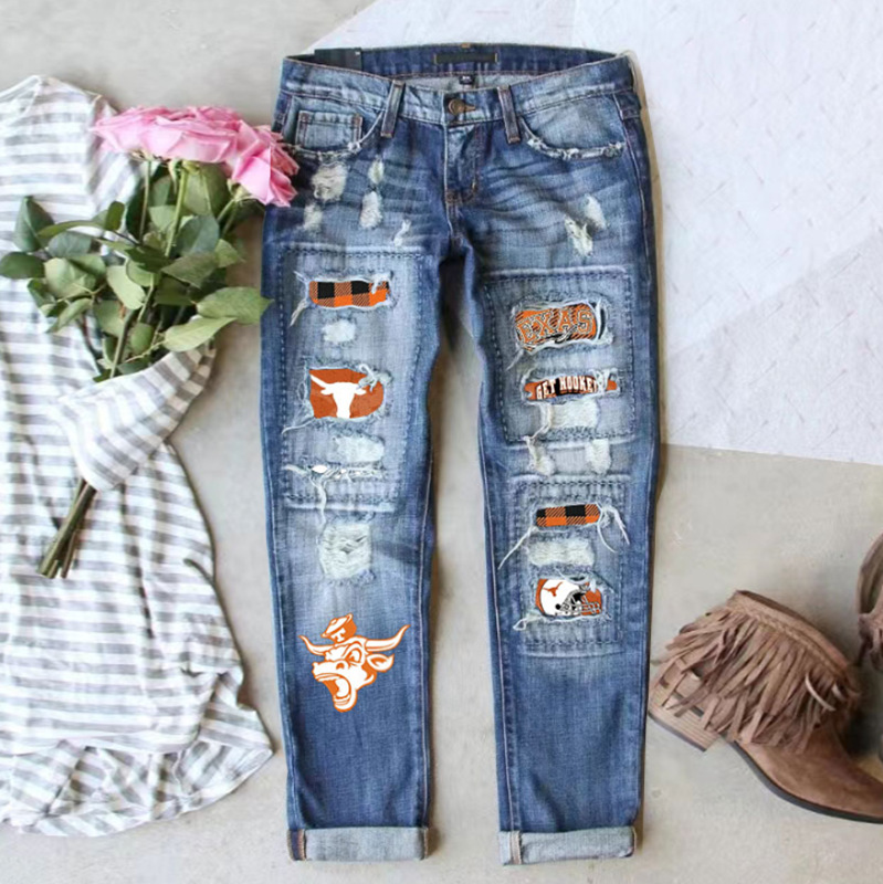 Wholesale European and American cross-border independent station Fashion Women's Mid-waist straight jeans women's ripped fashion printed jeans Women's