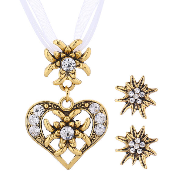 Wholesale Electroplated zinc alloy beer festival necklace with heart-shaped diamond-encrusted edelweiss set, Nordic style jewelry.
