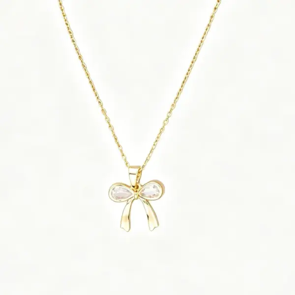 Wholesale Women’s Bow Tie Pendant Necklace With Inlay Artificial Rhinestones, 18K Real Gold Plated Copper, Water Plating On Cable Chain