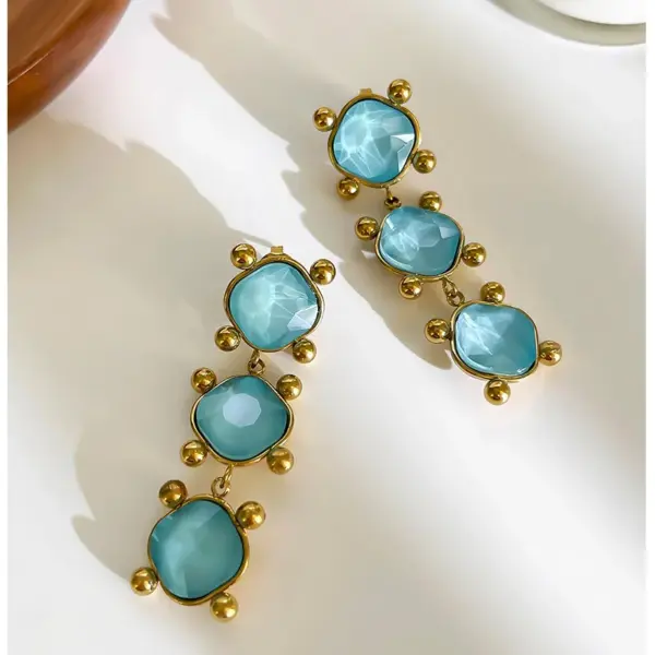 Wholesale Square Waterproof Non Tarnish Dangling Earrings For Women, 304 Stainless Steel With 18K Real Gold Plated PVD Coating And Crystal Inlay