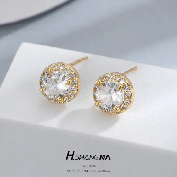 Wholesale Round Stud Earrings For Women With 925 Sterling Silver Posts, Copper Base, And 14K Real Gold Plated Featuring Zircon Inlay