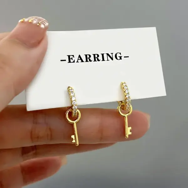 Wholesale Ins Style Simple Key Earrings Copper Inlaid Zircon Hoop Fashion Women's Earrings Daily Wear Dangling Earrings Imitation Gold Plated Universal Electroplated