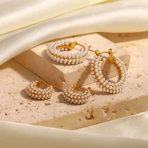 Wholesale 304 Stainless Steel Geometric PVD Coated Artificial Pearls 18K Gold Plated Real Gold Plated Fashion Waterproof Non Tarnish Inlay Gold Earrings