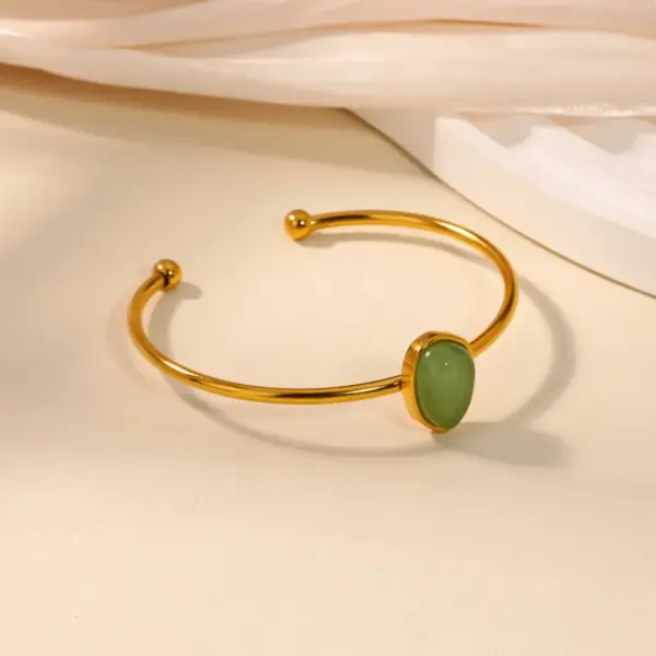oly-f1566f02079728ecb1488a0a73c481b7 Wholesale 2pcs/set Green Natural Stone Jewelry Set 18K Gold Plated Stainless Steel Open Bracelet Earrings Waterproof Simple Style Basic Two-Piece Natural Stone Jewelry Set Accessories Wholesale Christmas Birthday Gift Choice