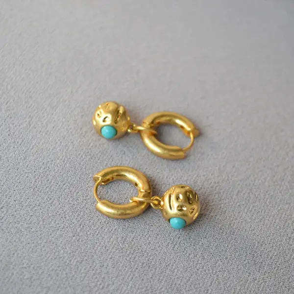 Wholesale Retro Faux Aged Texture Copper Ball Embedded Turquoise Elegant Personality Women's Earrings French Design Specialty Jewelry