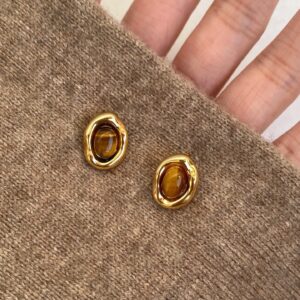 A1356 gold-caramel chestnut maillard wind tiger eye oval stud earrings