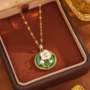 XX0133 # Green Round Oil Painting Necklace