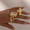 Wholesale Geometric Open Rings For Women In 304 Stainless Steel With Electroplated 18K Real Gold PVD Coating And Tiger Eye Inlay