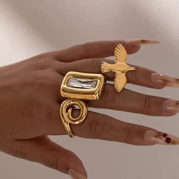 Wholesale Geometric Open Rings For Women In 304 Stainless Steel With Electroplated 18K Real Gold PVD Coating And Tiger Eye Inlay