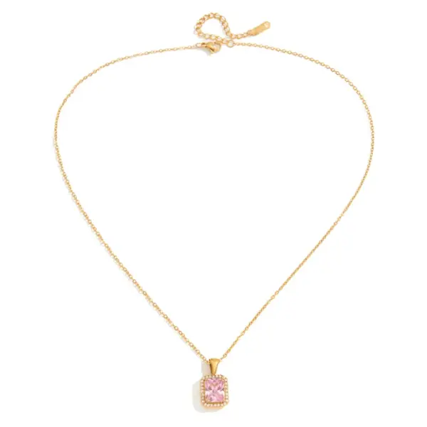 Wholesale Waterproof Square Necklace For Women In 304 Stainless Steel With 18K Gold Plated PVD Coating And Zircon Inlay