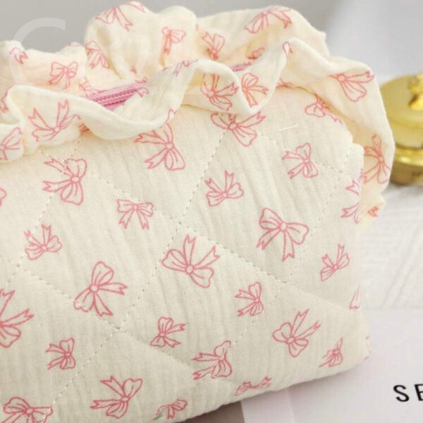 Wholesale Cotton Crepe Fabric Cosmetic Bag Printed Bow Lace Cosmetic Bag Thickened Pleated Cotton Floral Bag