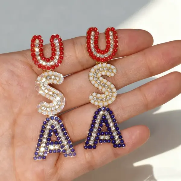 Wholesale Fashionable Diamond Earrings Women's Independence Day Anniversary Drop Earrings Alloy Zinc Earring Post USA Style Jewelry