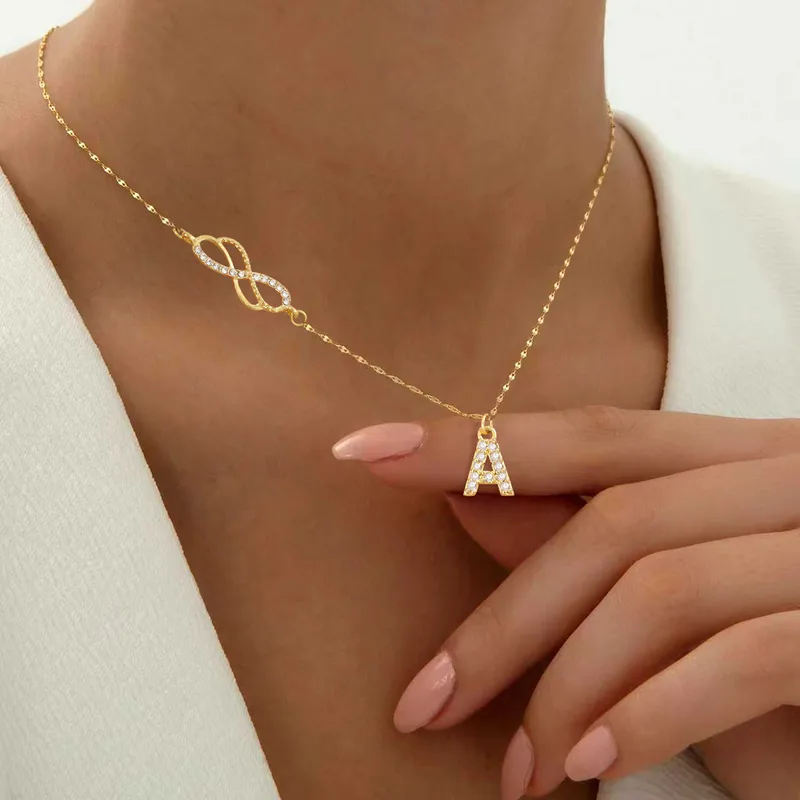 Wholesale Elegant Casual Micro Inlaid Zircon Universal Electroplated 18K Real Gold Letter Infinity/8 Initial Letter Pendant Gold 201 Stainless Steel L