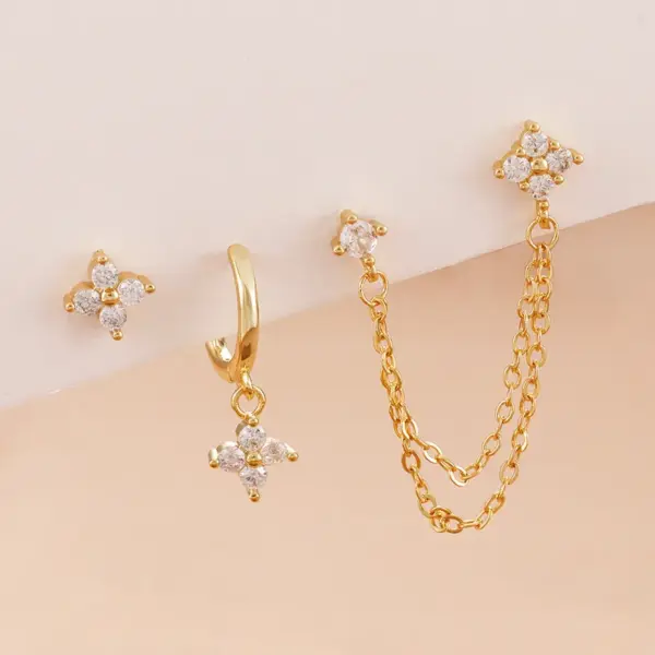 Wholesale New Stylish Stainless Steel Diamond Embedded Petal Earrings Women's Set Geometric Pattern Luxury Style 18K Gold Ear Studs