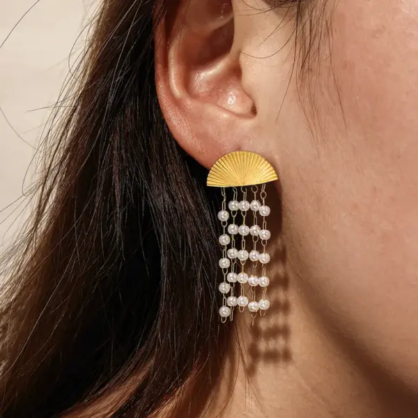 oly-f303882dde01f817fcff13e0c5f4bc32 Wholesale Roman Style Sector Earrings For Independence Day, 304 Stainless Steel With 18K Real Gold Plated Coating 0.03µm Featuring Pearl Inlay