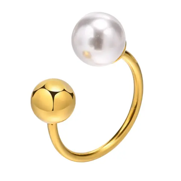 Wholesale Women'S 304 Stainless Steel PVD Coated 18K Gold Plated Plating Inlay Round Artificial Pearls Open Ring Imitation Pearl Jewelry