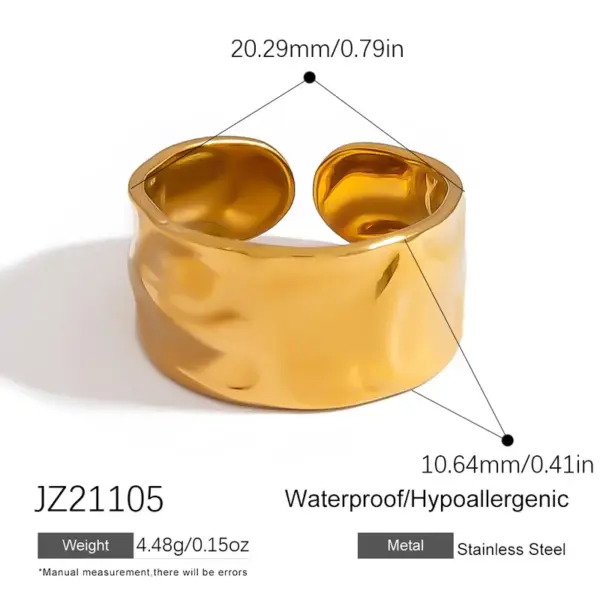 Wholesale Stainless Steel Hammered Texture Wide Face Ring Women's Non-Fading 18K Gold Plated Open Ring Fashionable Accessory For Party
