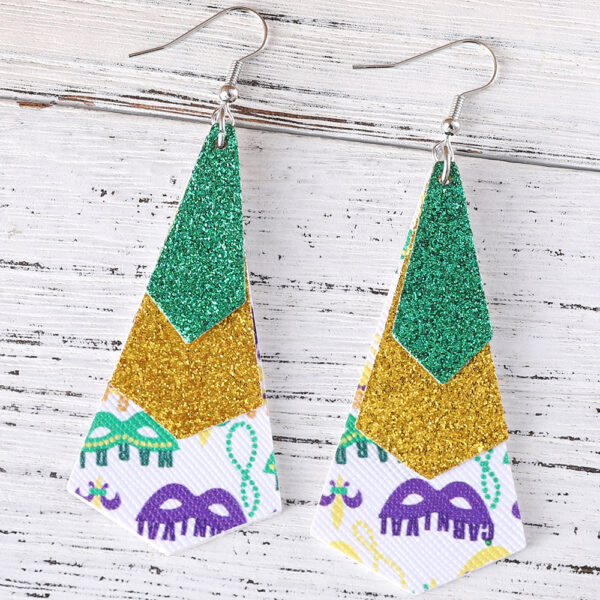 Wholesale  carnival green yellow purple sequins glitter 3 layer PU leather pendant earrings fashion carnival earrings