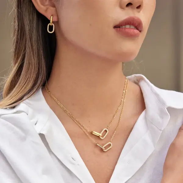 Wholesale Women's Classic Style 18K Gold 304 Stainless Steel + White Rhinestone Double Ring Necklace Earring Set 18K Real Gold Plated Vacuum Electroplating (In Furnace) Zircon Geometric Pattern (Jewelry) Waterproof Non-Fading Asymmetric Handmade Chain Jewelry Set For Women