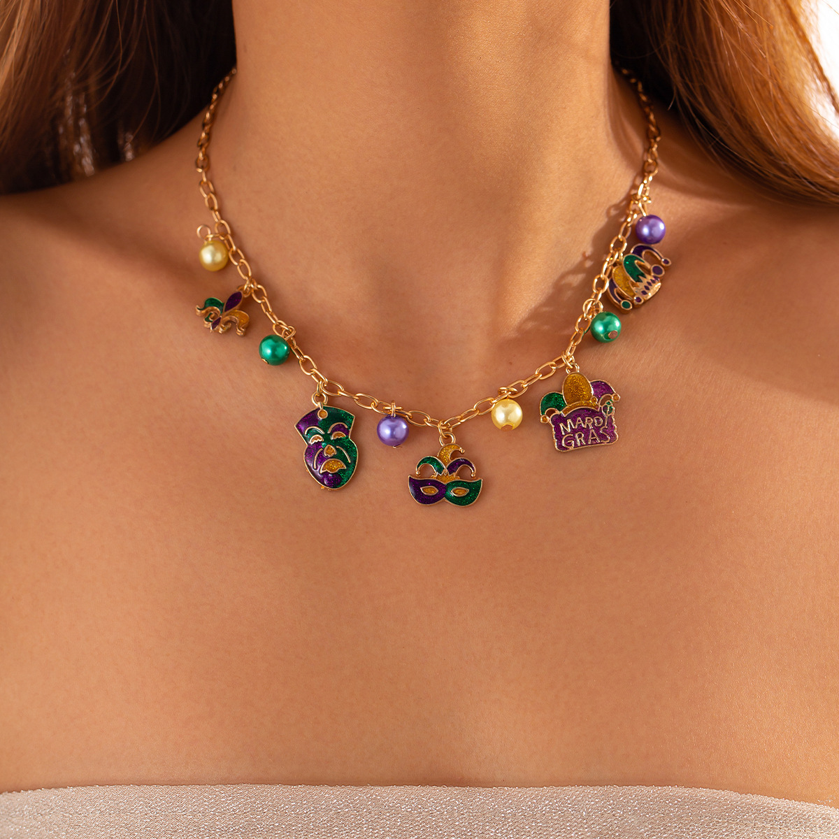 Wholesale European and American Cross-border Jewelry Carnival Mask Pearl Cross Chain Necklace High-grade Alloy Necklace suit