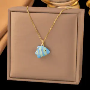 One Size / 【8219】 Blue-Green Patterned Small Fish Necklace【gold】
