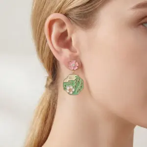 Wholesale Painted Flower Multicolor Stud Earrings In Copper Alloy With 18K Real Gold Plated Finish, Unisex Design