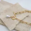 Wholesale 18K Gold OT Clasp Geometric Pearl Titanium Steel Women's Necklace With Round Plated Nylon Chain