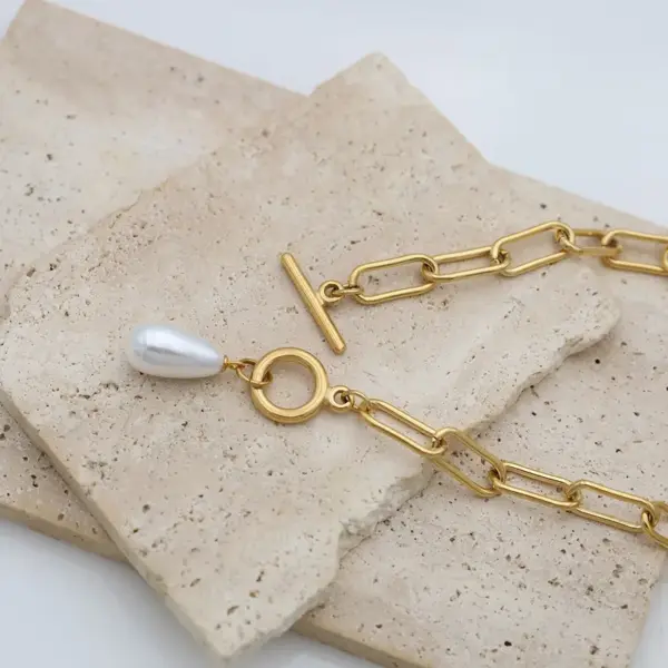 Wholesale 18K Gold OT Clasp Geometric Pearl Titanium Steel Women's Necklace With Round Plated Nylon Chain