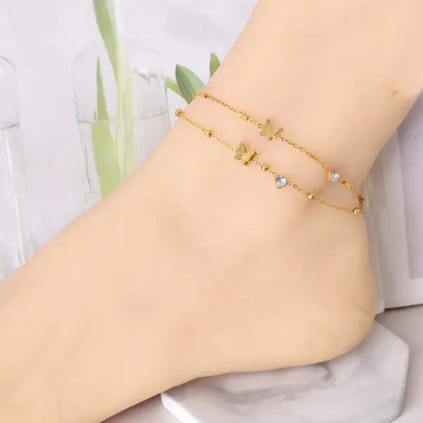 Wholesale 304 Stainless Steel Heart Shape PVD Coated Rhinestones Glass Stone Shell 18K Real Gold Plated Simple Style Classic Style Waterproof Non Tarnish Inlay Anklet