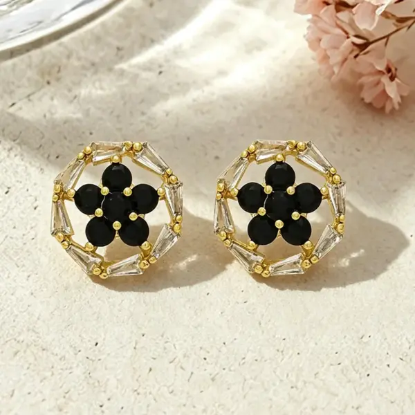 Wholesale Three-dimensional Flowers Stud Earrings For Women, Electroplated Copper With Golden Plated Finish And Zircon Inlay
