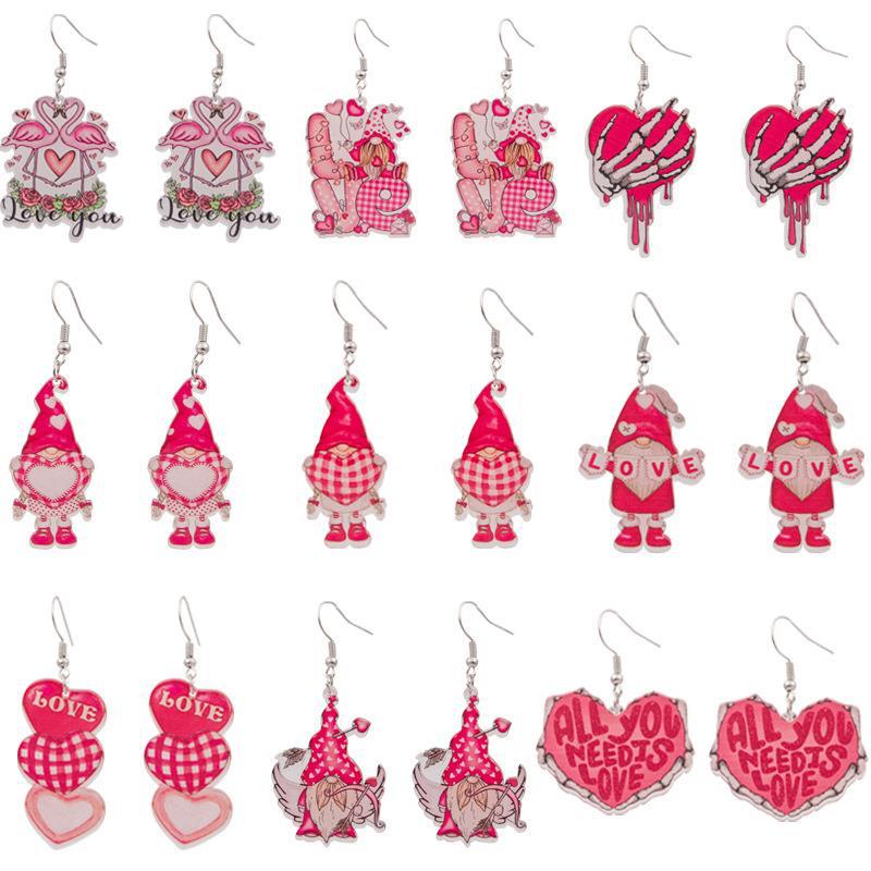 Wholesale European and American Cross-Border Valentine's Day Heart Dwarf Earrings Flamingo Love Semicircle Plaid Acrylic Earrings for Women